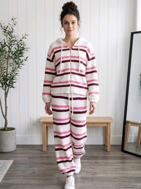 POL White Hooded Lounge Set with Pink and Burgundy Stripes
